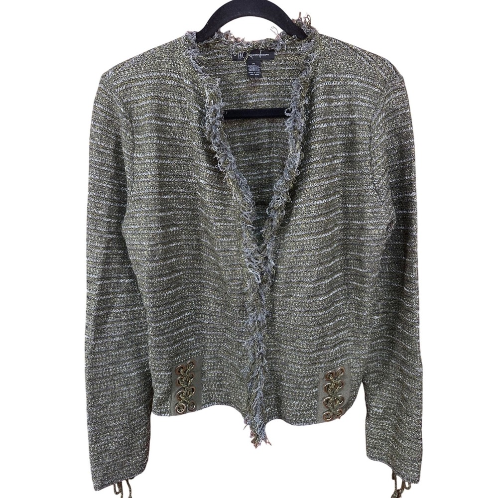 INC International Concepts Metallic Knit Lace Up Cardigan Olive Gold Medium